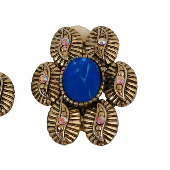 Vintage Blue Sodalite Flower Earrings Aurora Borealis Rhinestone Clip Estate DM - Picture 6 of 10